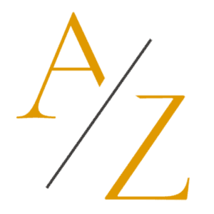 Das A-Zet-Logo besteht aus den stilisierten Buchstaben „A“ und „Z“ in Gold, die durch eine diagonale Linie auf einem makellos weißen Hintergrund elegant getrennt sind.